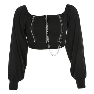 Zipper Chain Square Neck Crop Top Sweatshirt Black / S